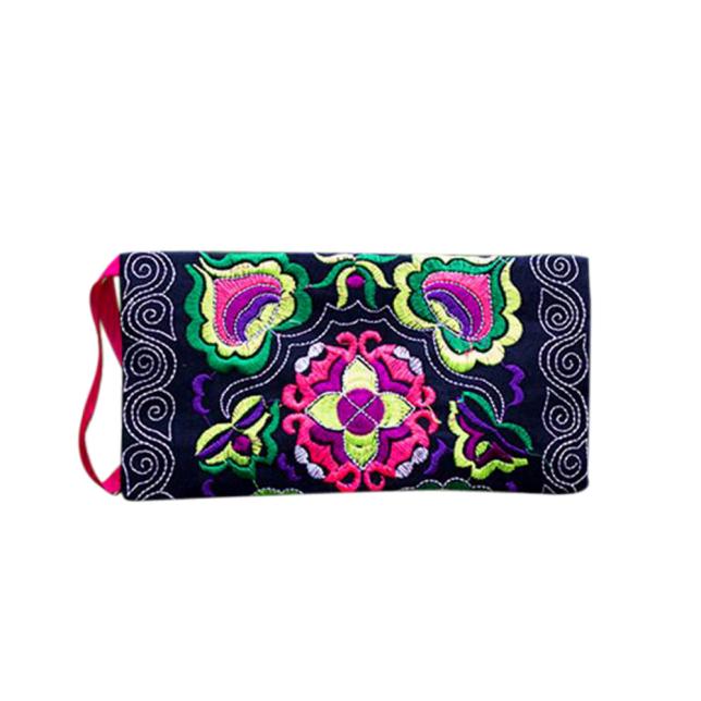 Clutch Bag Vintage Coin Purse Women Ethnic Card Package Handmade Embroidered Wristlet Wallet Women Flower Sac #xsw: Black