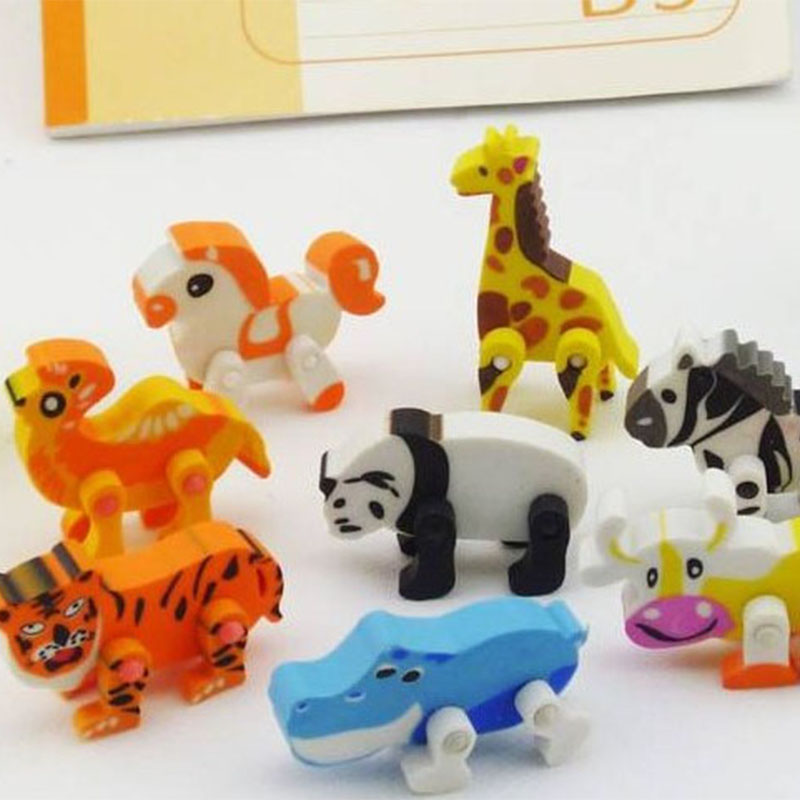 12 verschillende dier vormige cartoon gum, flexibele dier gum voor school studenten potlood gum