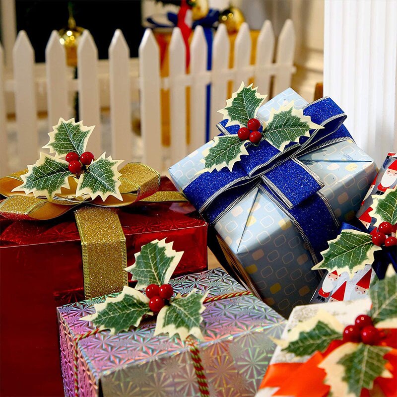 Plastic Flower Artificial Leaf Leaves and Artificial Holly Berries Red Cherry Little Fruits Christmas Wedding Home Decoration