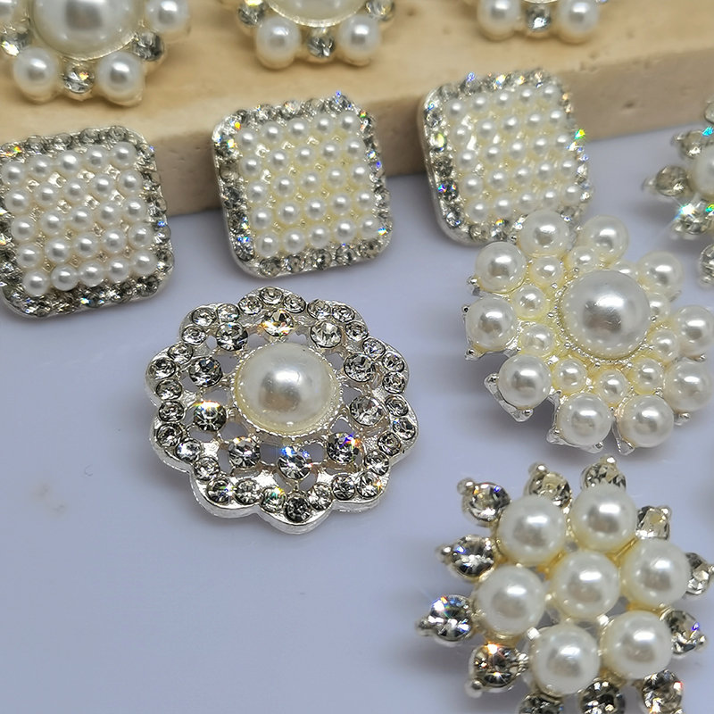 boutons à coudre luxe nacre accessoire couture Boutons de décoration de luxe en perles argentées pour vêtements, boutons de fleurs, ronds et carrés, strass, boutons de pour femmes, couture de robe