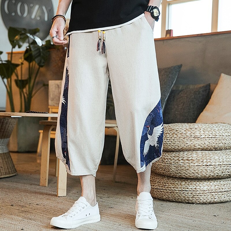 Letnie bawełniane spodnie Kimono męskie patchworkowe luźne spodnie Kimono azjatyckie Streetwear styl orientalny odzież chińskie spodnie męskie FF2965