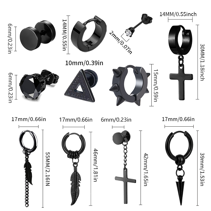 Juego de pendientes Punk de acero inoxidable para hombre y mujer, aretes negros, Piercing de Hip Hop Vintage, accesorios de joyería para la oreja, 1 /11 pares