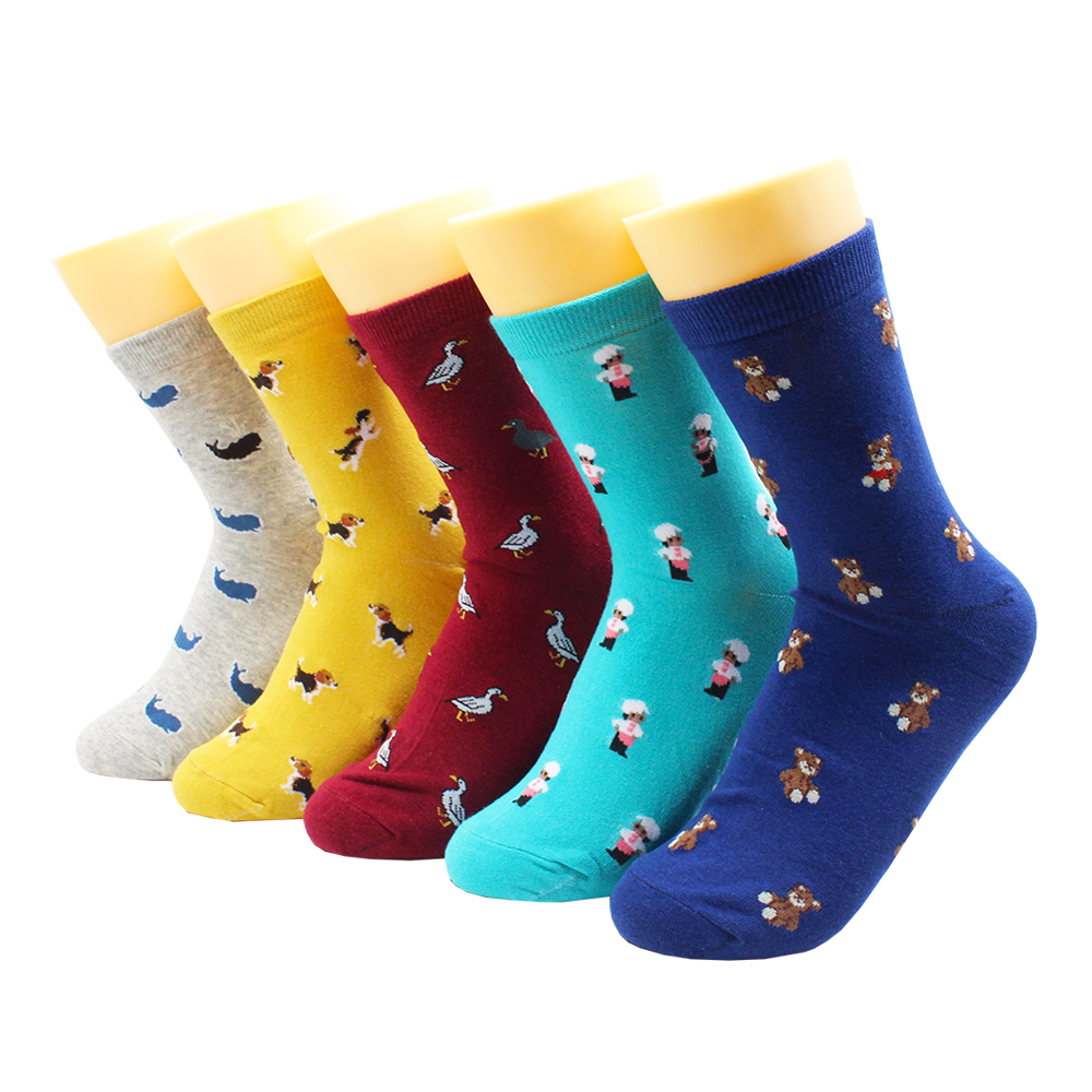 5 Pairs Harajuku Hip-Hop Animal Print Cotton Women Socks Korean Kawaii Cute Cartoon Cat Dog Duck Girl Socks: green