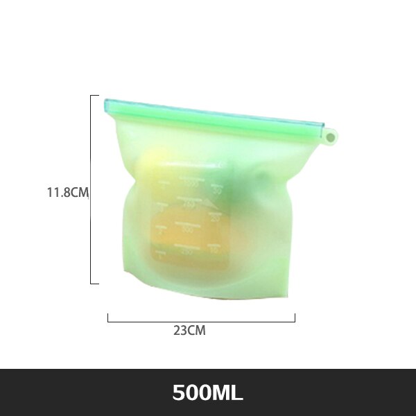 Extra Large 4000ml Silicone Food Saver Bags Reusable Silicone Food Storage Bag Sandwich, Liquid, Snack, Meat, Vegetable: GREEN 500ML