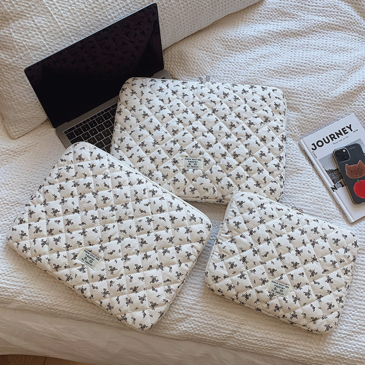 1 Pc Chic Flower Print Quilted Laptop Bag 11 Inch/14 Inch/15 Inch Computer Bag Protection Case Laptop Sleeve Computer Case Bag: 14-inch / black