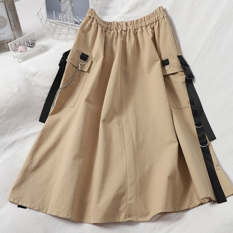 Falda larga de cintura alta para mujer, falda negra con bolsillos laterales y cadena, estilo coreano, ropa informal estilo Hip Hop Harajuku de talla grande: Caqui