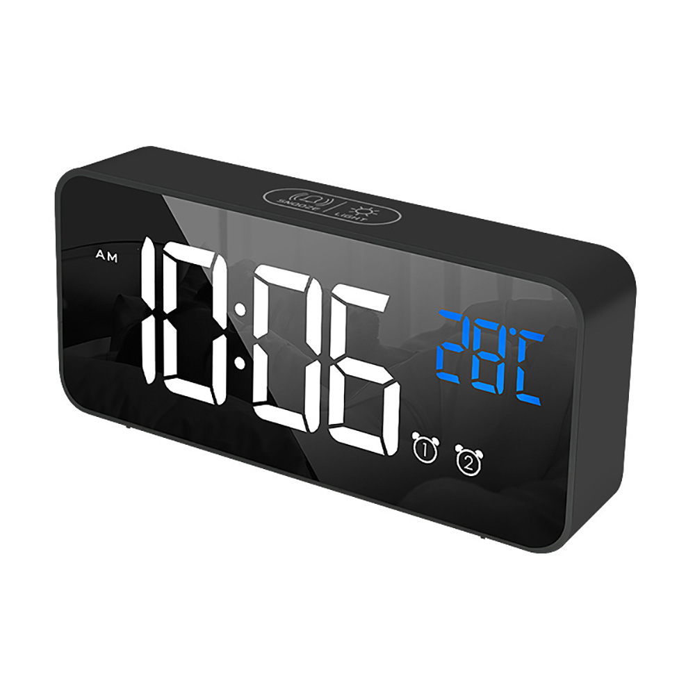 Multiple wake-up musik led spejl vækkeur lydaktiveret ur genopladeligt sengekant musik ur: Sort