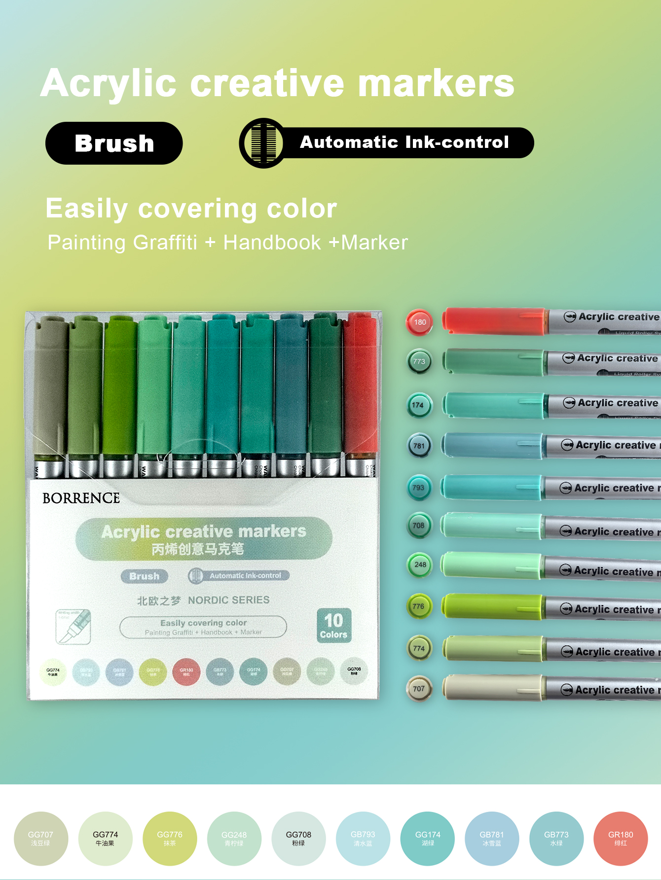 120/10 Color Acrylic Brush Markers Set Automatic Ink Control Soft Brush Paint Art Markers For Manga Graffiti Art School Supplies: light green