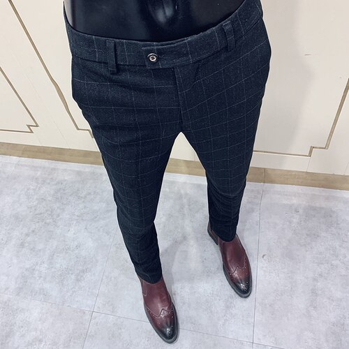 Pantalones clásicos de tela escocesa para hombre, pantalones ajustados de vestir de lana, pantalones de para oficina, pantalones de boda Social, pantalones de hombre Classique: 28