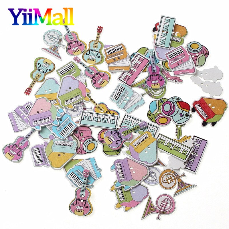 50pcs Mixed Musical Instrument Wooden Buttons For DIY Clothing Scrapbooking Crafts Botones Decoration Sewing Needlework Supply