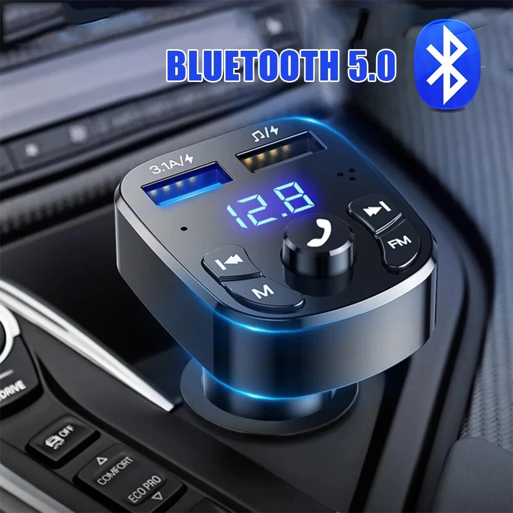 Auto-freisprecheinrichtung mit 5.0 fm sendern, bluetooth-kompatibel,  mp3 modulatoren, freisprech-audioempfängern und 2 usb-schnellladegeräten