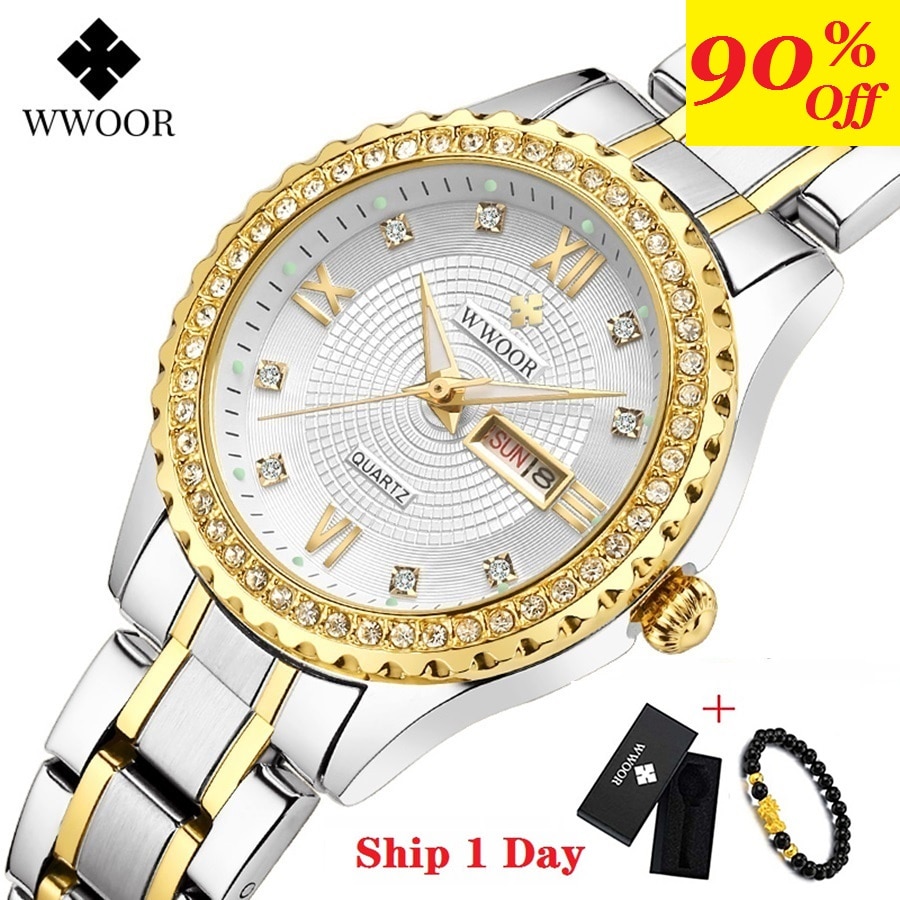 WWOOR, Reloj de pulsera de oro para Mujer, Reloj de Mujer de acero inoxidable resistente al agua, vestido informal, Reloj de cuarzo para Mujer, Reloj de Mujer