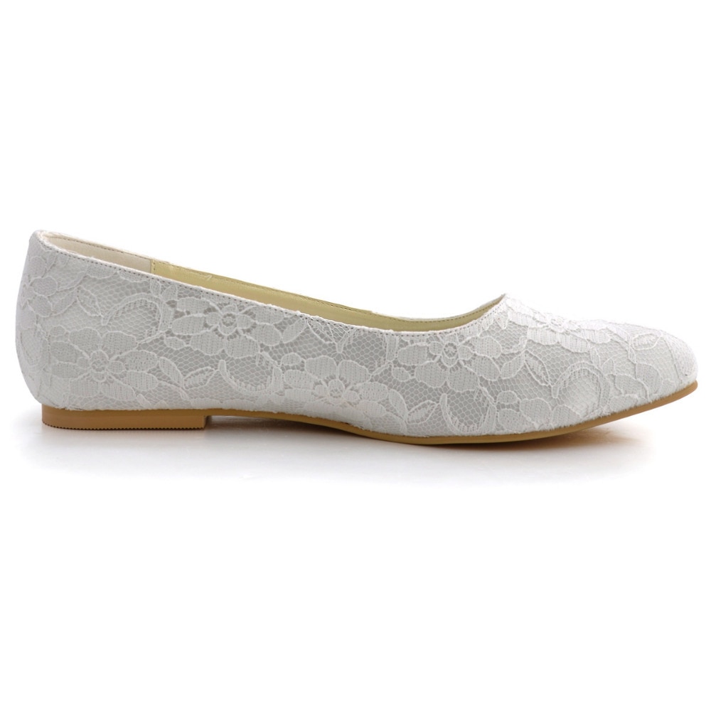 Blanco marfil mujer boda zapatos planos punta cerrada comodidad bailarina Ballets Slip On Lace novia zapatos para mujer EP11106
