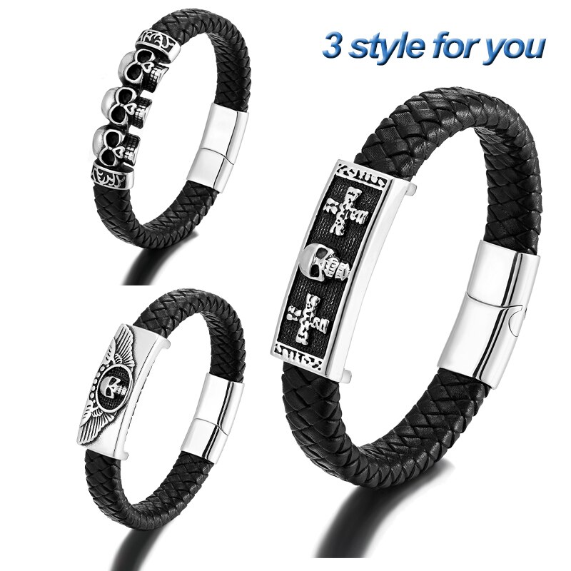 Punk Armband Rock Schedel Armbanden Magnetische Gesp Mannen Lederen Accessoires Touw Charm Armbanden Rvs Sieraden