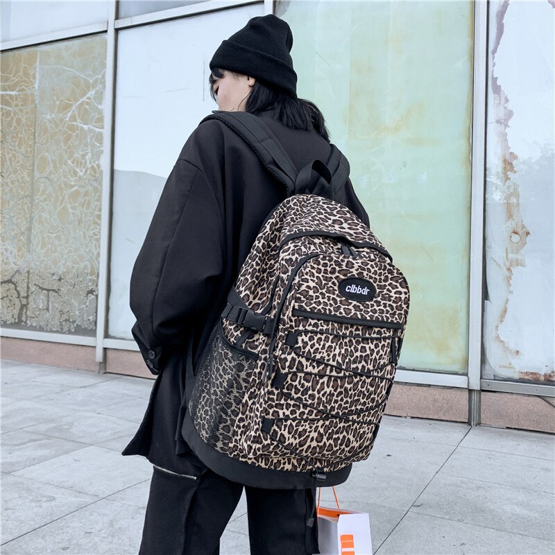 Dcimor stor kapacitet leopardprint kvinder rygsæk kvindelige flere lommer snoretræk laptop rygsæk universitetsstuderende skoletaske