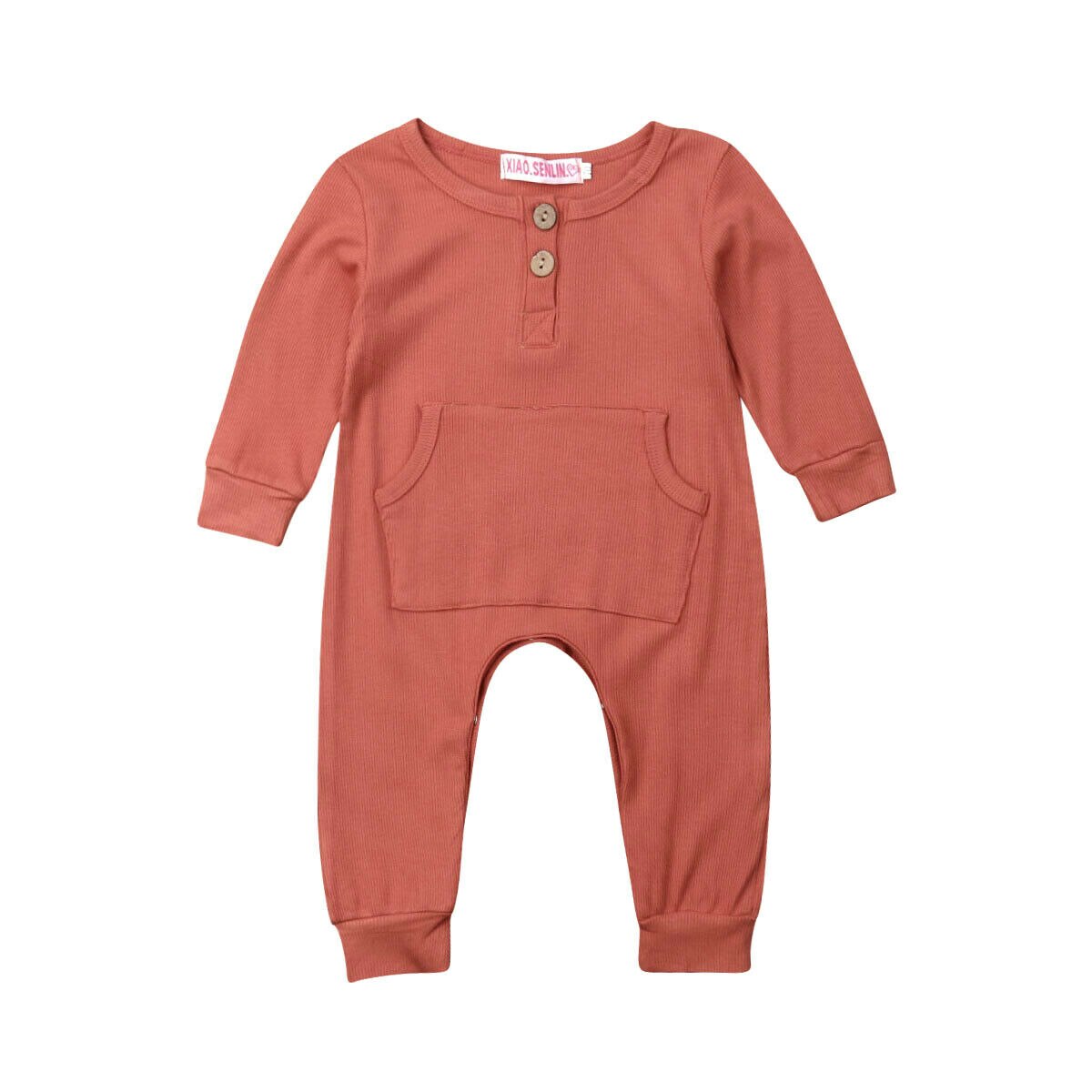 2019 del bambino di Autunno della Molla Dei Vestiti Appena nato Del bambino Del bambino Vestiti Della Ragazza del Ragazzo Pagliaccetto Lungo Del Manicotto Grande Tasca Della Tuta Solido A Coste Vestito: marrone / 6m