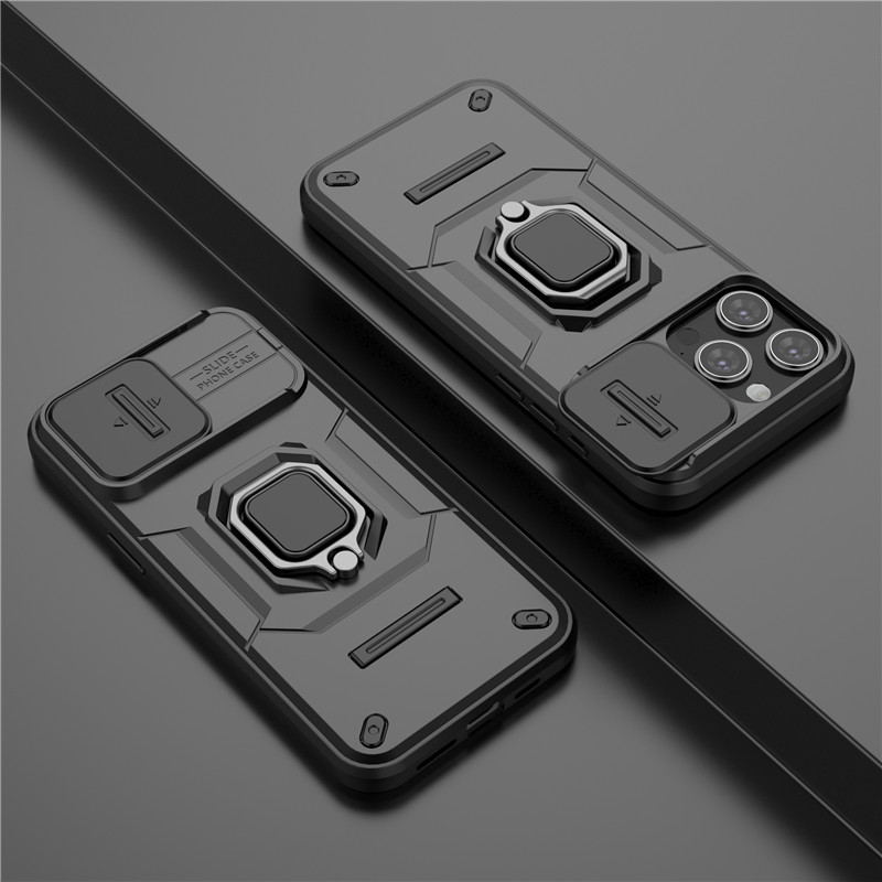 For iPhone 15 Pro Max Cover iPhone 13 14 15 Pro Max Case Lens Sliding Window Protector Armor Shockproof Holder Magnetic Bumper: Pc + tpu / black