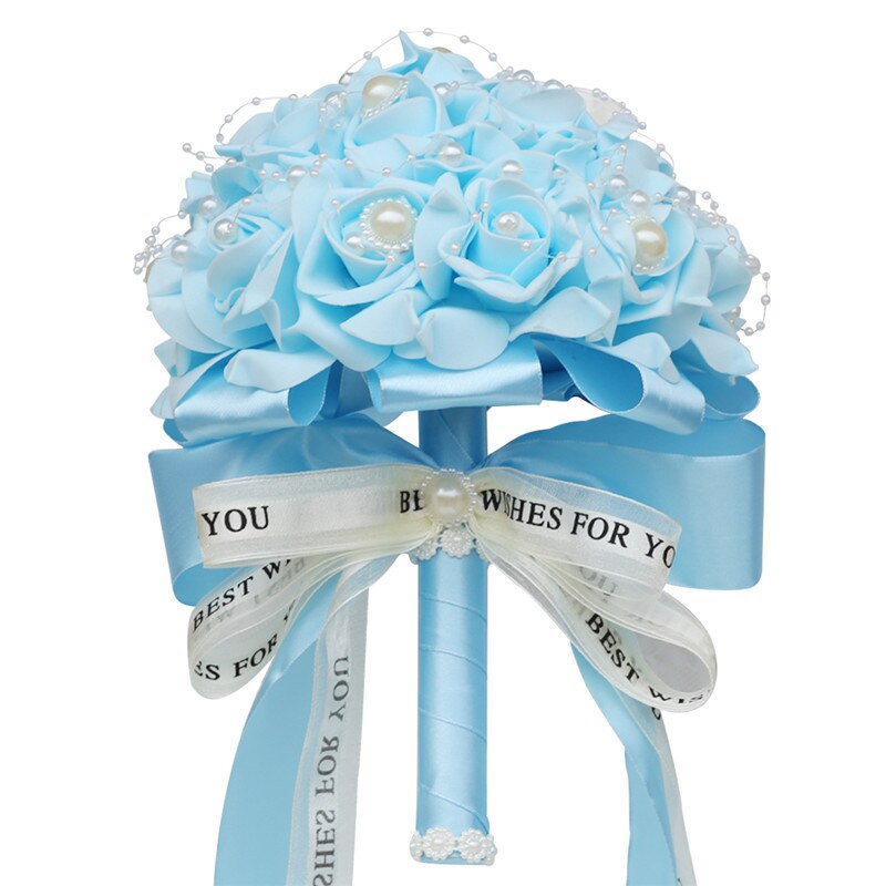 Fleur Rose PE Bouquet demoiselle d'honneur tenant des fleurs mariée ruban De soie Bouquets De Mariage mousse Rose avec perle fête De Mariage W205: baby blue