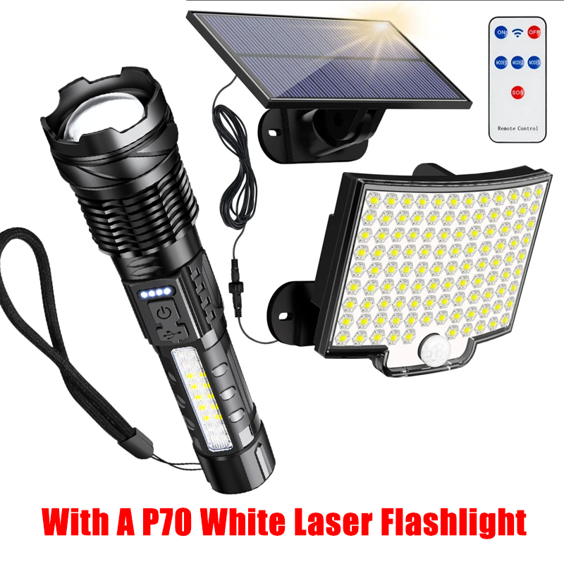 Luz de movimiento Solar de 106 LED, Panel separado para exteriores, luces de inundación solares, 4 modos de trabajo para luces de pared impermeables para jardín y garaje: Amarillo claro