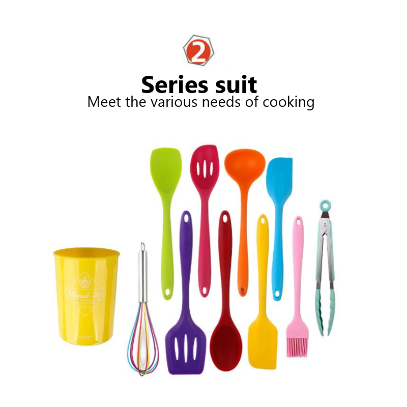 Durable Color 10pcs Set Non-stick Cookware Rainbow Kitchen Cooking Tools Silicone Kitchenware With Storage Barrel Set Gadgets