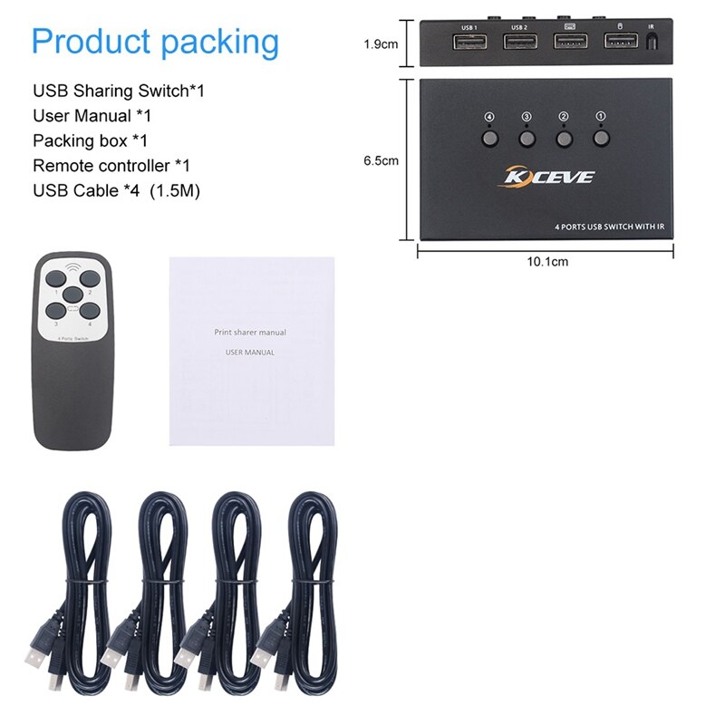 USB KVM Switch USB 2.0 Switcher for Keyboard Mouse Printer 4 in 4 Out Port Sharing 4 Device USB Power USB Hub