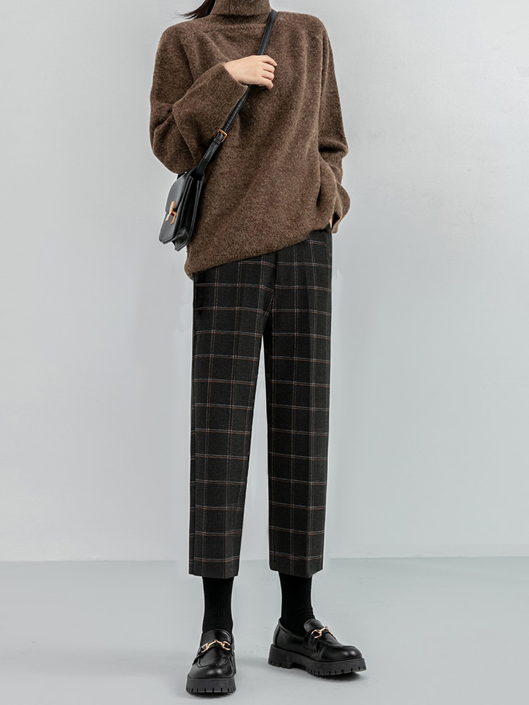 Seoulish Herfst Winter Wollen Plaid Vrouwen Formele Rechte Broek Hoge Taille Enkellange Chic Losse Dames Broek pocket: M / plaid(nine points)