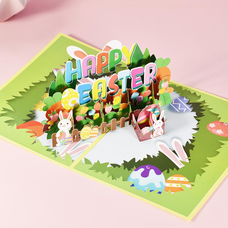 3D Happy Easter Greeting Card Personality Bunny Egg Flowers Basket 3D Three-dimensional Easter Blessing Cards For Kids Card