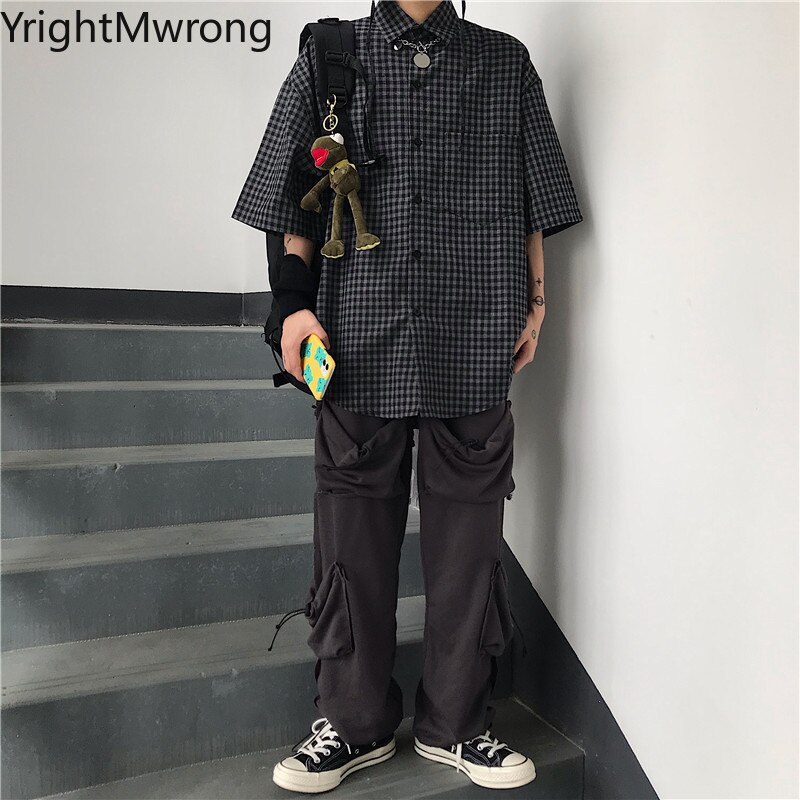 Streetwear Harajuku Woman Man Korean Button Up Short Sleeve Pocket Plaid Shirt Hip Hop Blouse Summer Casual Plus Size T