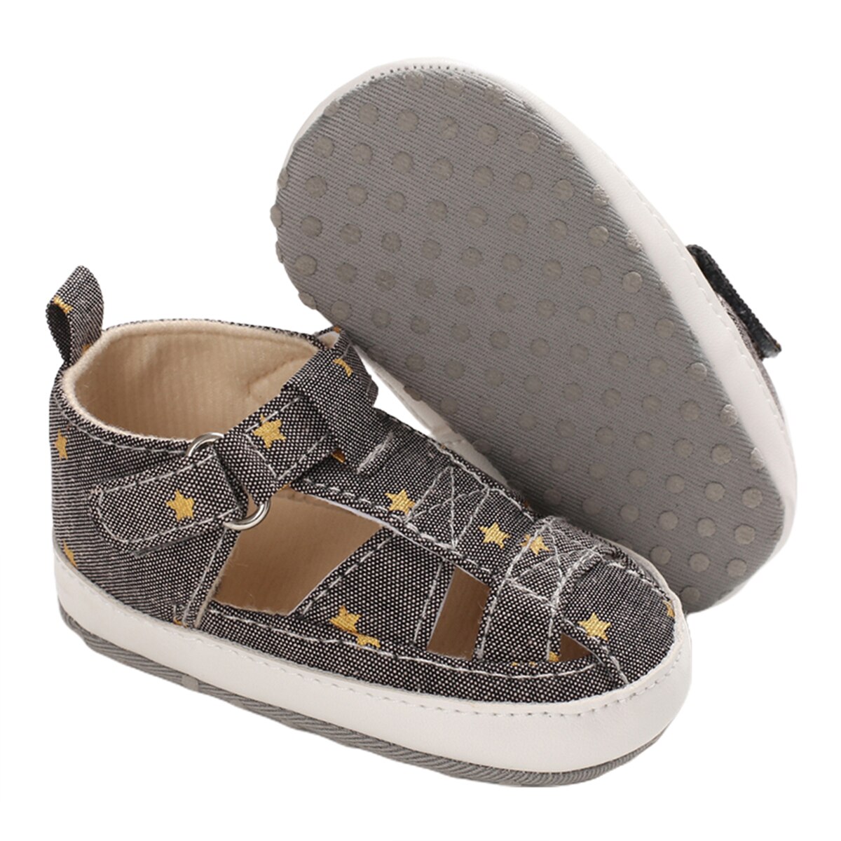 Zomer baby jongens sandalen baby ster patroon bedekt tenen zachte zool schoenen peuters binnen antislip prewalker: Donkergrijs / 0-6 maanden