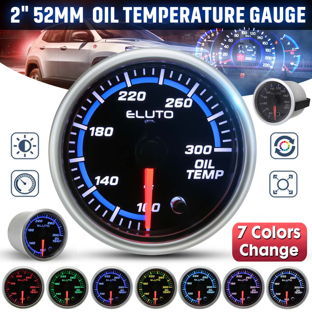 2 ''52Mm 12V Auto Olietemperatuurmeter 100-300 °F/50-150 °C 7 kleur Led Zwart Gezicht Universele Auto Olie Temp Meter Met Sensor