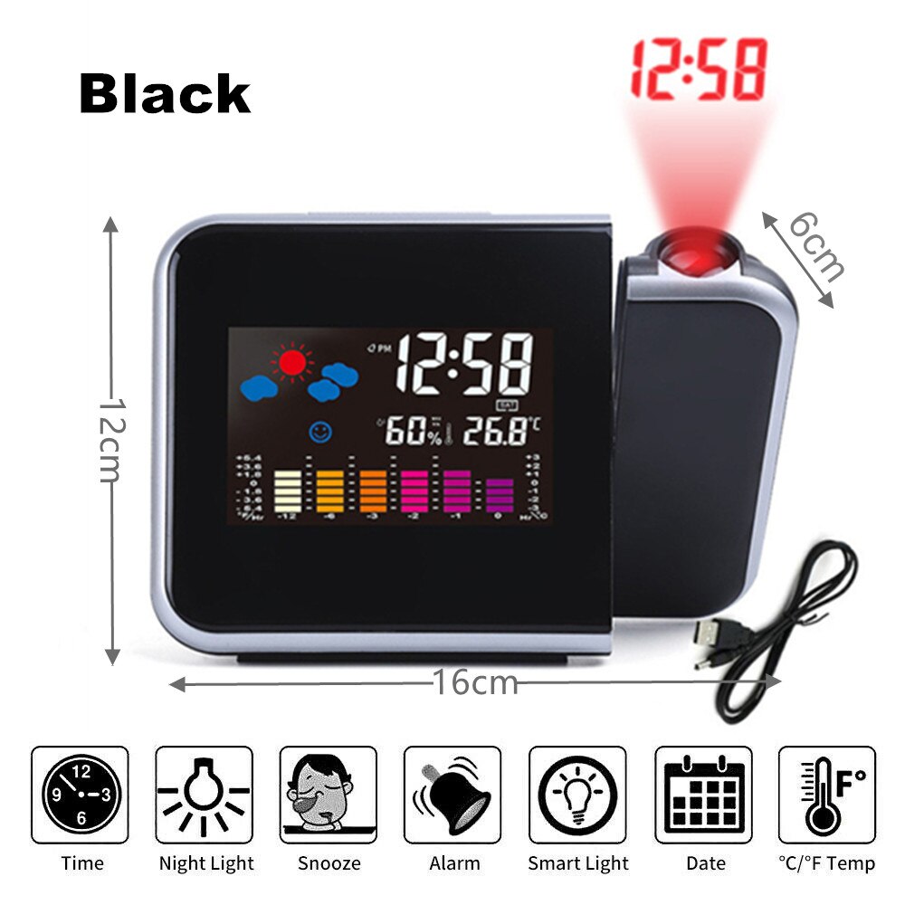 Led Spiegel Screen Projectie Wekker Weerbericht Radio Thermo-Hygrometer Digitale Klok Moderne Kantoor Slaapkamer Desktop Decoratie: B-Black
