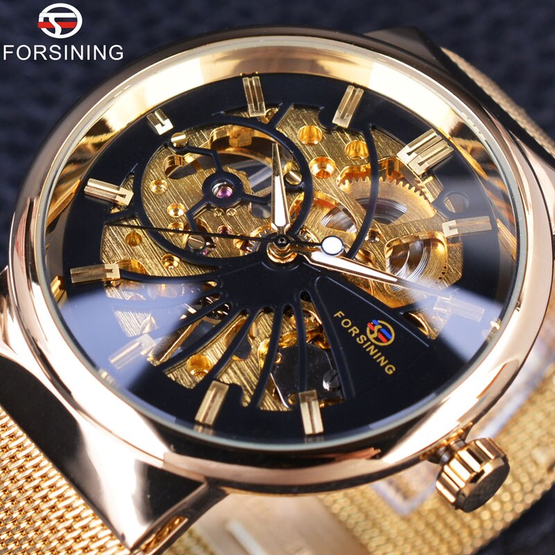 Forsining Luxe Dunne Case Unisex Waterdicht Heren Samll Wijzerplaat Horloges Top Luxe Mechanische Skelet Horloges: Black Golden