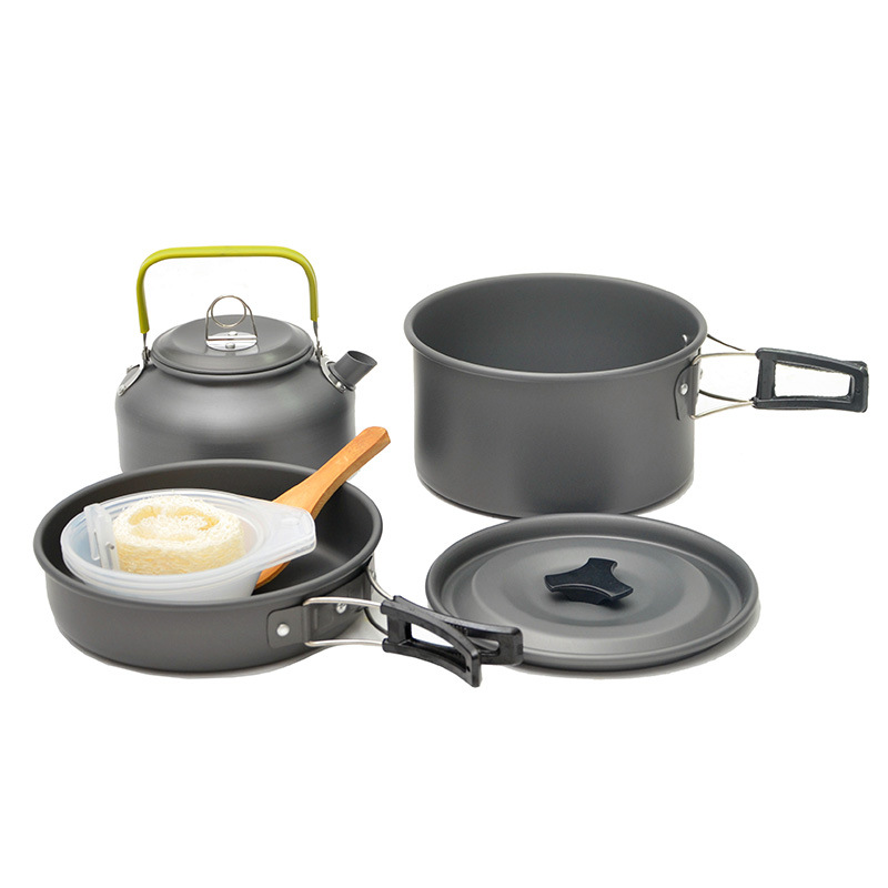 Ultra-licht Aluminium Legierung Camping Kochgeschirr Bausatz Utensilien Kochen Ich bin Freien Teekanne Picknick Geschirr Wasserkocher Topf Braten Pfanne Ausrügestochen: Schwarz