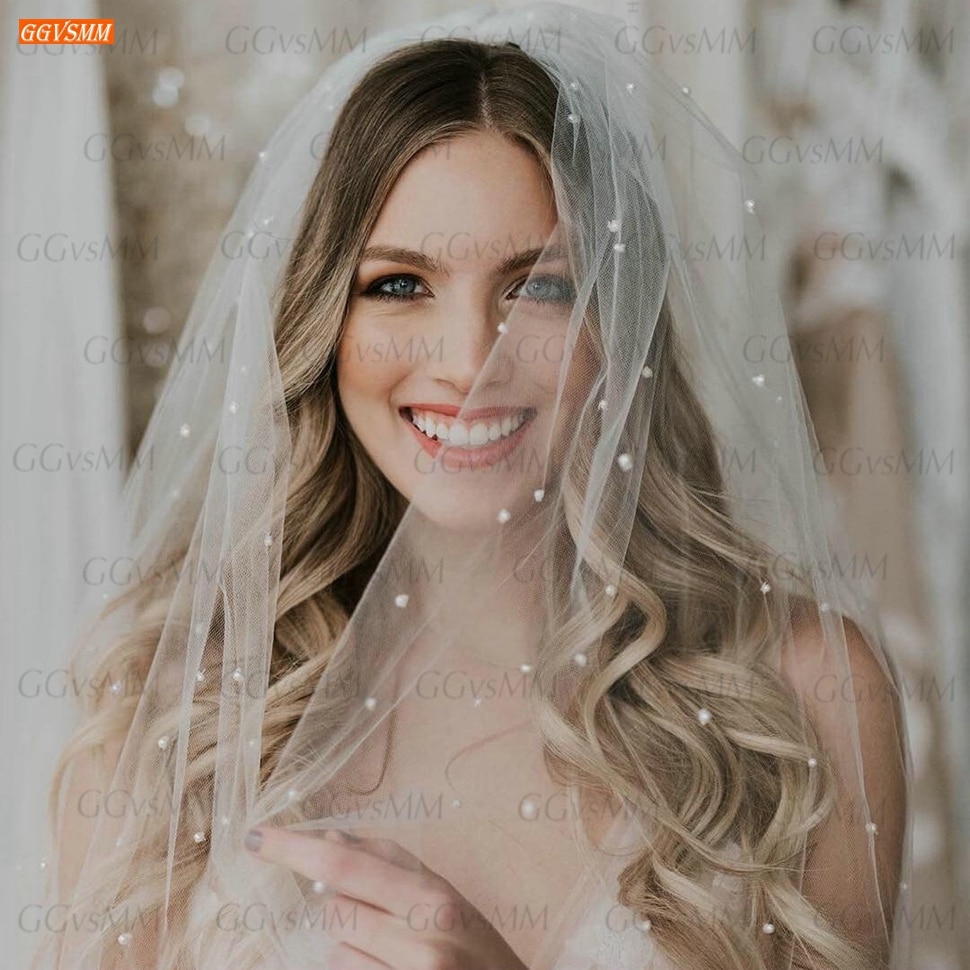 Weiß Hochzeit Schleier perle Tüll Elfenbein Braut Schleier Perlen Günstige Braut Zubehör 75cm Frauen Schleier Perlen Mit kamm