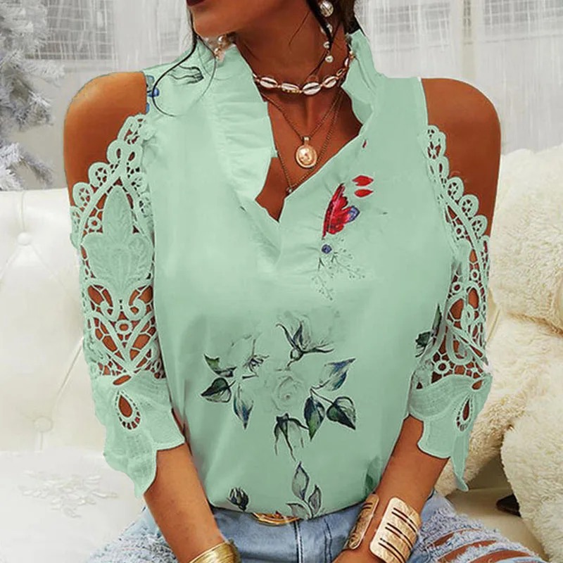 Sommar axelbandslösa toppar för kvinnor casual sexig ihålig blommig tryckt blus v-ringad kortärmad spetsskjorta blusas 19361