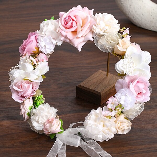 3 Artificial Flower Wreath Bride Women Flower Crown Hair Band Wedding Floral Headband Garland Ribbon Girl Hair Accessorie: White