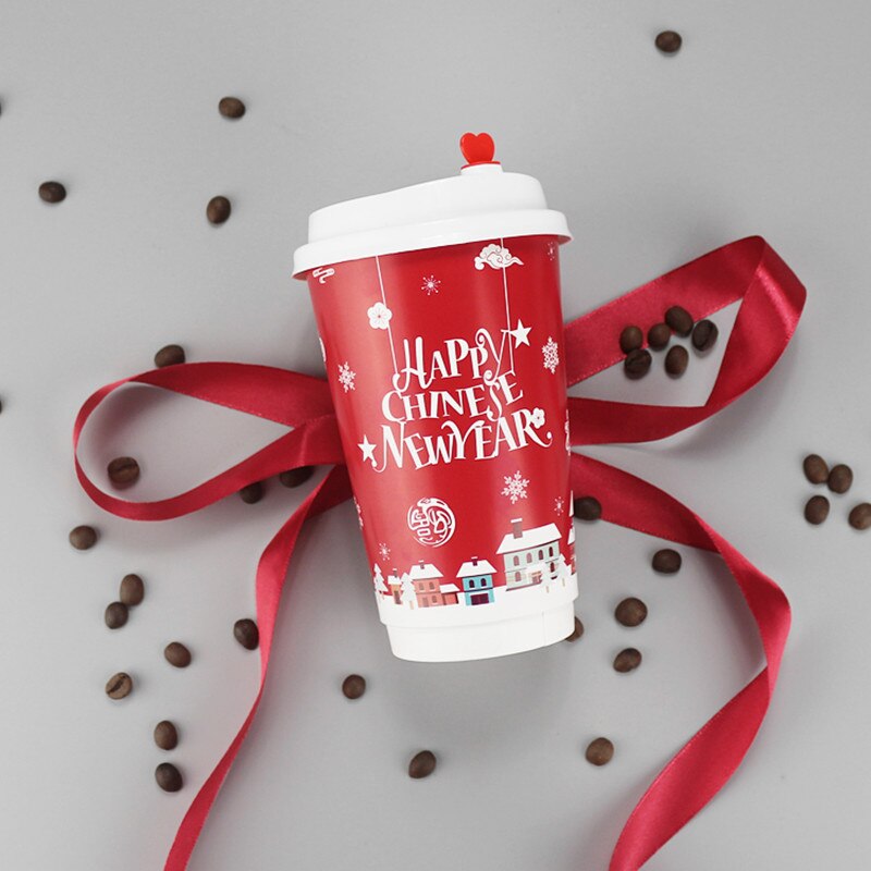 50 Pcs Christmas Party Favor Drink Dikke Dubbele Laag Papier Cup Anti-Brandwonden Wegwerp Koffie Cup Takeaway Pakket met Deksel