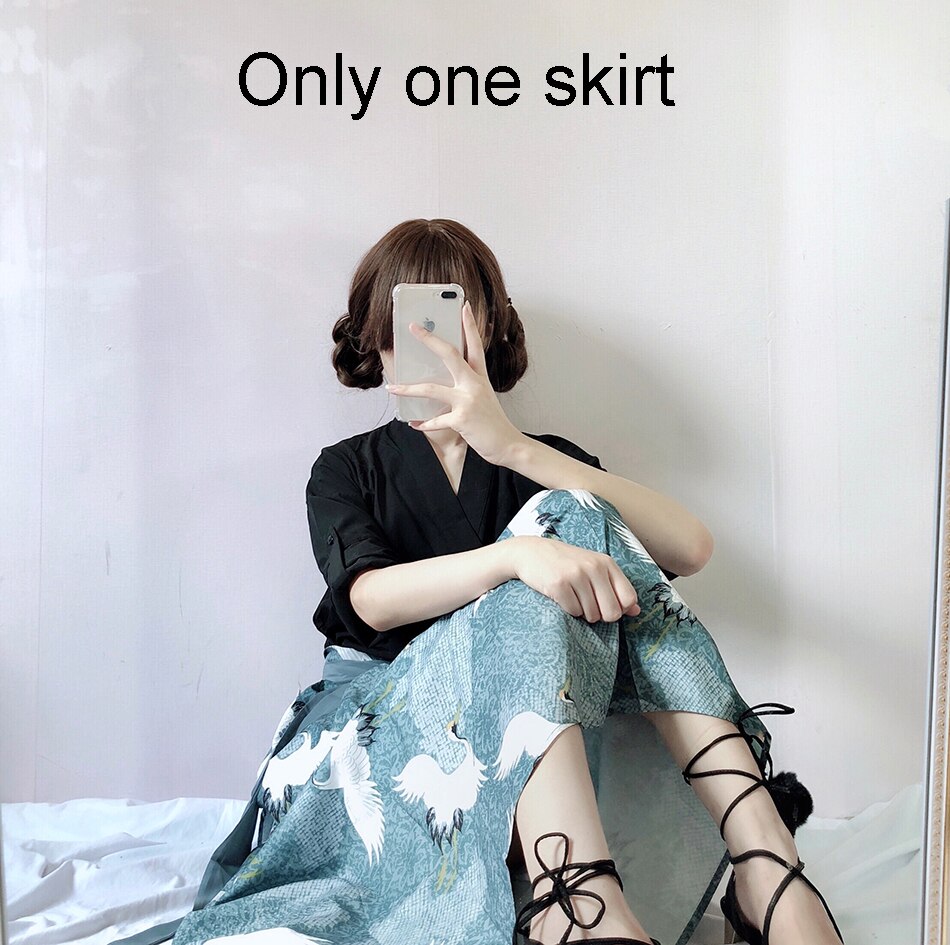 Japanese Traditional Clothes Women Mujer Fancy Crane Print Long Sleeve Kimono Skirt Set Asian Chinese Cardigan Outfits: Skirt / M