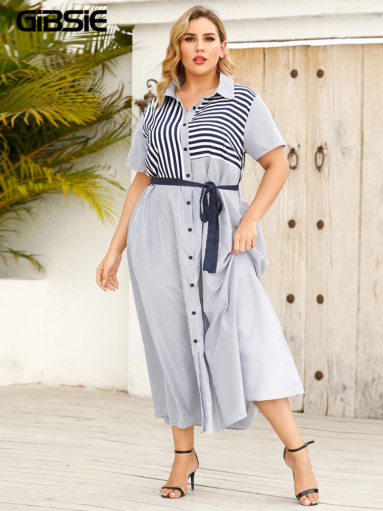 GIBSIE Striped Color Block Belted Shirt Dress Women Summer Short Sleeve A-line Casual Dresses Plus Size Office Maxi Long Dress