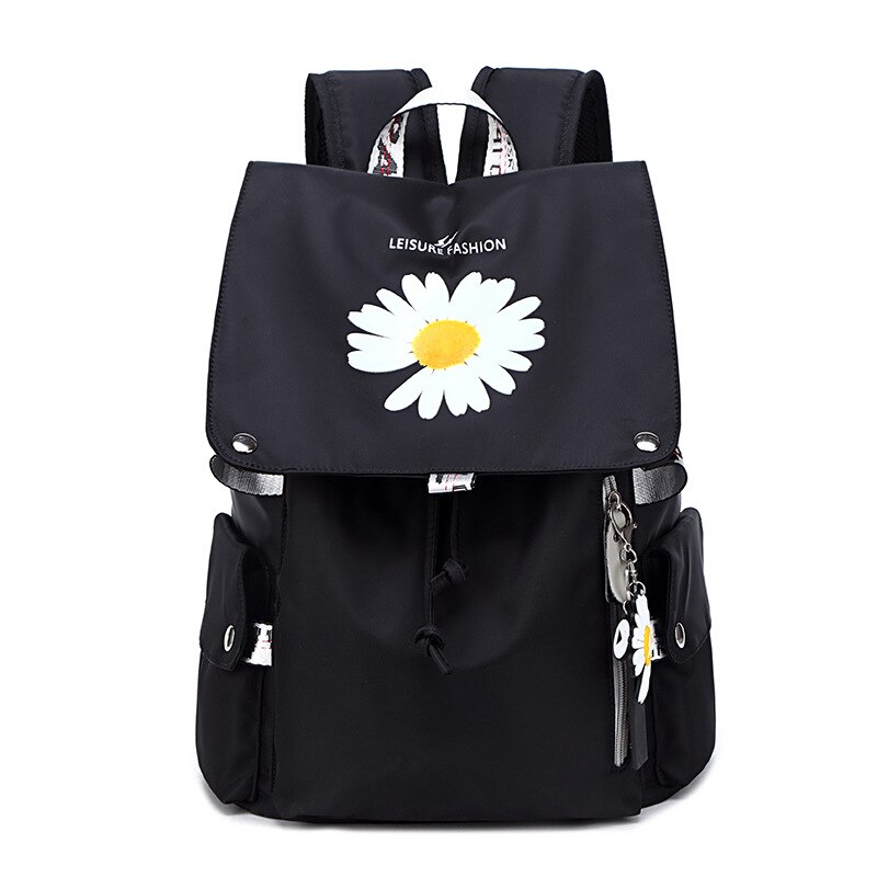 Waterdichte Usb Opladen Vrouwen Nylon Schooltassen Voor Tiener Meisjes Bloemen Gedrukt School Laptop Rugzak Student Reizen Boekentas: Black white
