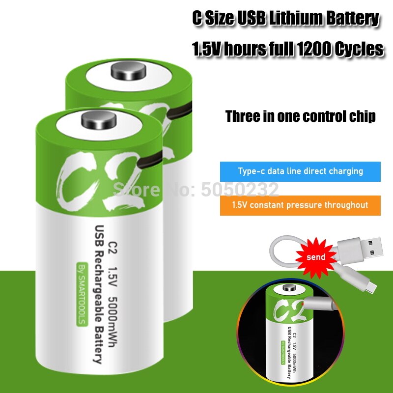 1.5V 5000mWh C Size Lithium Li-Polymer C Type Usb Oplaadbare Batterij Met Usb-oplaadkabel Set