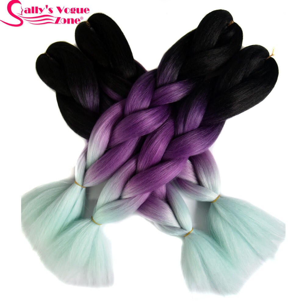 Sallyhair 24inch Ombre 3 Tone Black Purple Silver Grey Color Synthetic Braiding Hair Extension Colored Bulk Hair