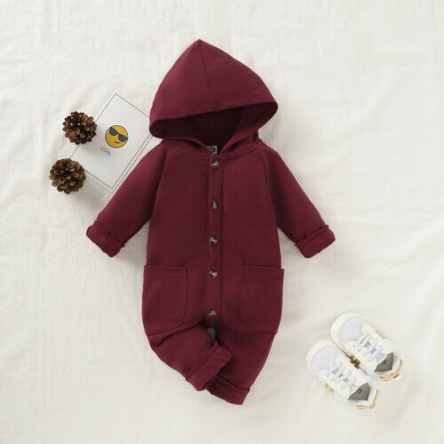 Cotton Newborn Baby Rompers Boys Girls Soft Autumn Winter Warm Hooded Playsuit Casual Baby Outfit Clothes: Red Wine / 6M