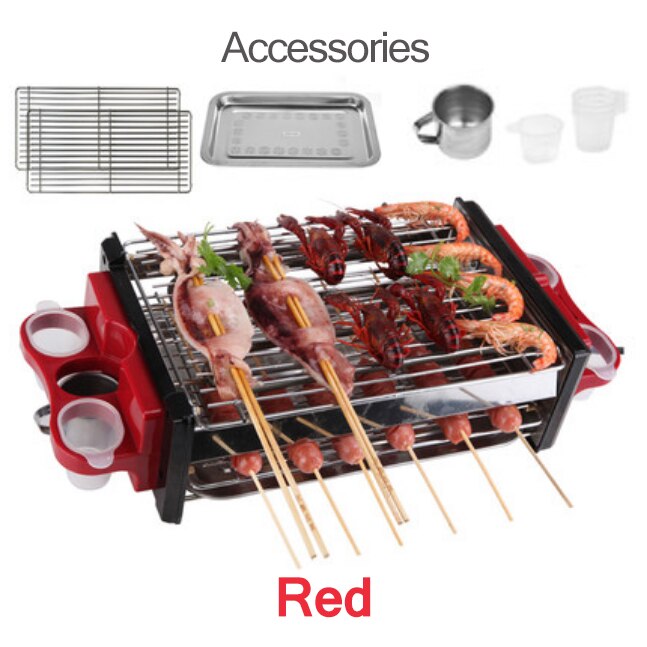 Dmwd Elektrische Grill Pan Indoor Barbecue Plaat Familie Bbq Grill Rvs Oven Non-stick Oppervlak Geribbelde Grill Stijl 1200W: Red no spoon