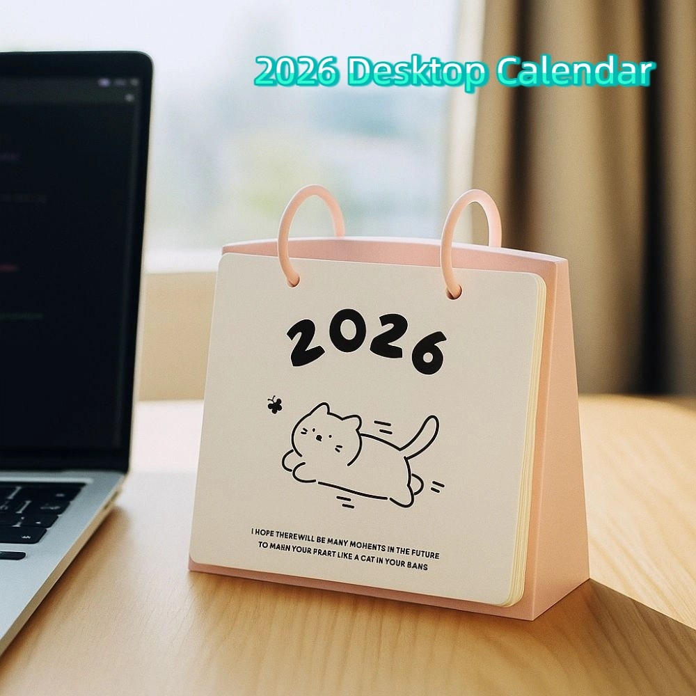 Plastic 2026 Desktop Kalender Cartoon Draagbare Staande Flip Kalender Kat Patroon Stabiele Basis Dagelijkse Planner Thuis