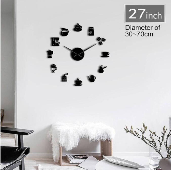 Coffee Signs Modern Kitchen Clock 3D DIY Size Adjustable Wall Clock Watch Quartz Acrylic Mirror Sticker Coffee Bean Clock: Black / 47inch