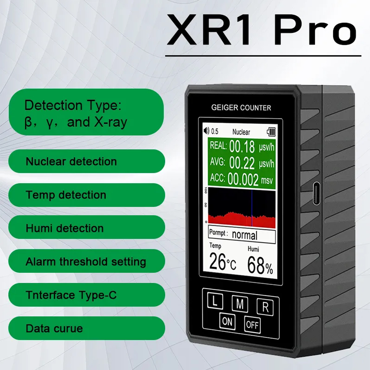 XR1 Pro Nucleaire stralingsdetector Kleurenscherm Geigerteller Persoonlijke dosismeter Marmerdetector Beta Gamma X-ray