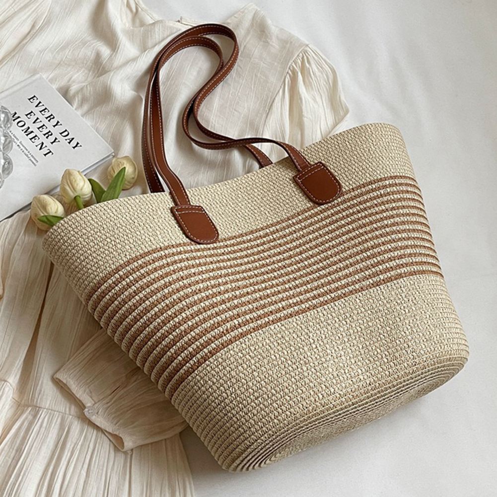 Dame tote taske med lynlås stribe vævet ferietaske stor kapacitet håndlavet taske ensfarvet til shopping arbejde strandtaske: Hvid