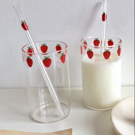 300Ml 10Oz Hoge Borosilicate Leuke Aardbeien Water Melk Drinken Glazen Cup Met Stro: 2pcs
