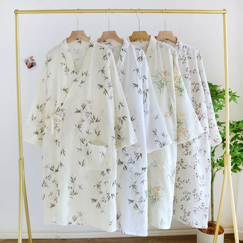 Katoenen Bamboe Bedrukte Nachtkleding Badjassen Voor Dames Lente En Zomer Dubbellaags Dunne Huiskleding Pyjama Gewaden